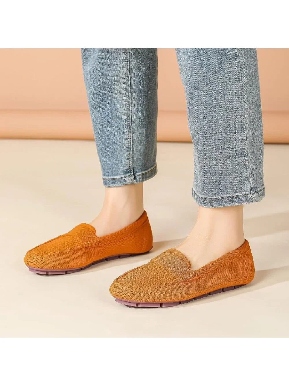 🆕Women's Orange Mesh fabric Loafer Shoes Comfortable Casual Flat Shoes